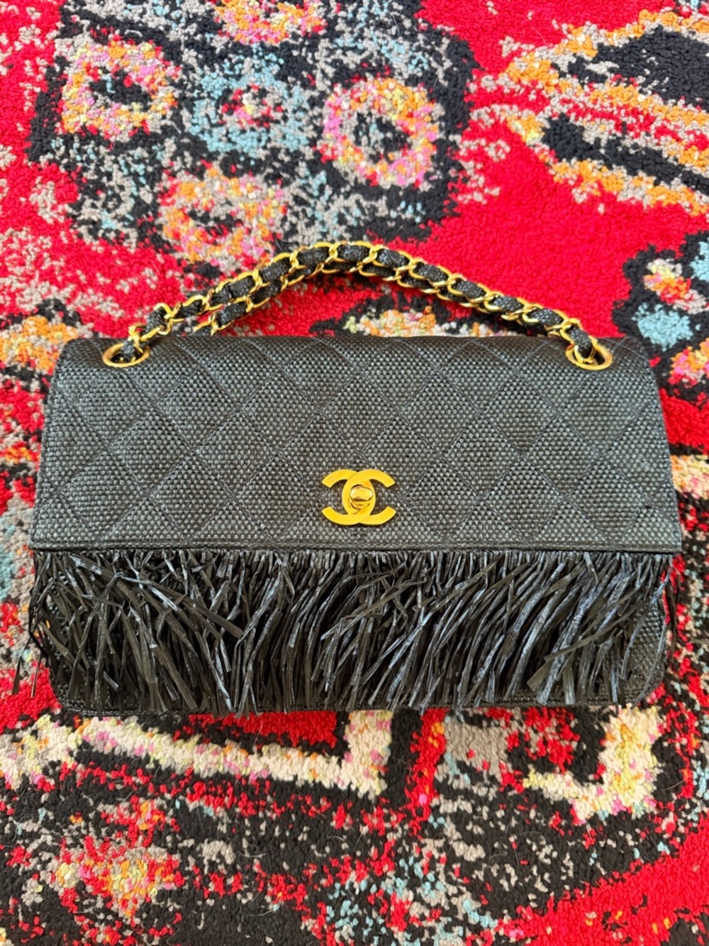 Chanel ultra rare 90s Quilted Fringe Black Raffia with 24k plated Gold Hardware - Picture 2 of 11